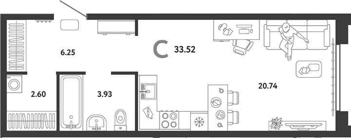 Планировка Студия, 33,52 м² в ЖК Страна.Энтузиастов